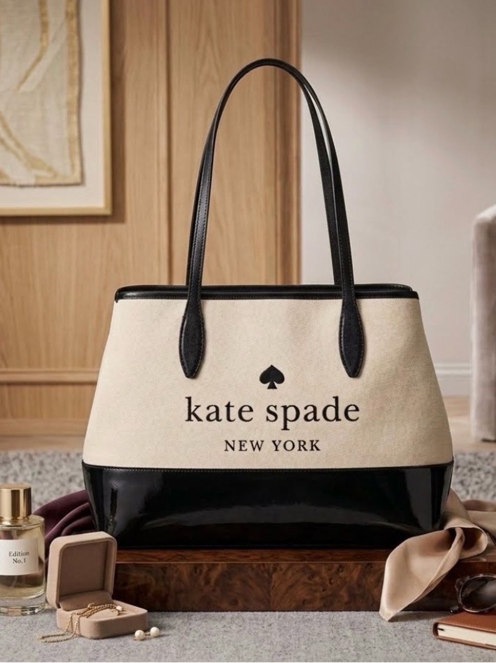 Kate Spade New York “Street Tote Nightcap” LARGE Canvas and Patent Leather. NWT